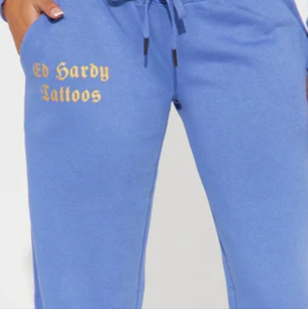 NWT Ed Hardy Old School 90s Blue Bootcut Sweatpants with Tattoo Dragon Design L - Picture 3 of 9